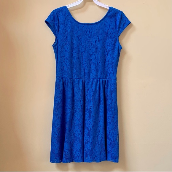 Royal Blue Scoop Back Fit Flare Lace Overlay Dress - Picture 7 of 10